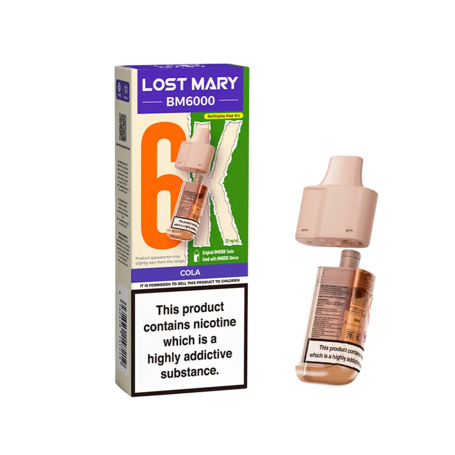 Cola flavoured Lost Mary BM6000 Refillable Pod in Light Brown Colour