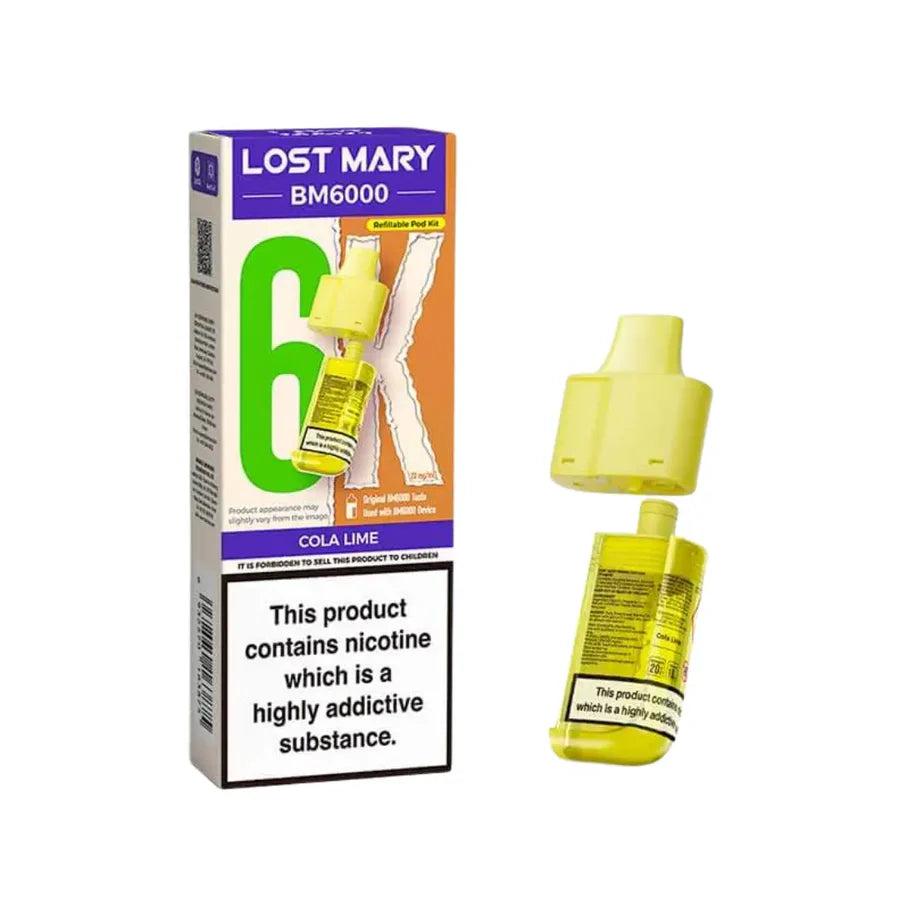 Cola Lime flavoured Lost Mary BM6000 Refillable Pod in Yellow Colour