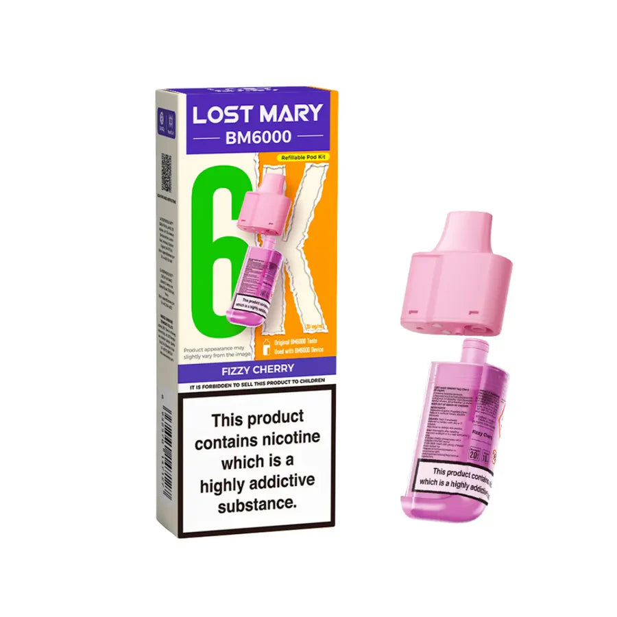 Fizzy Cherry flavoured Lost Mary BM6000 Refillable Pod in Pink Colour