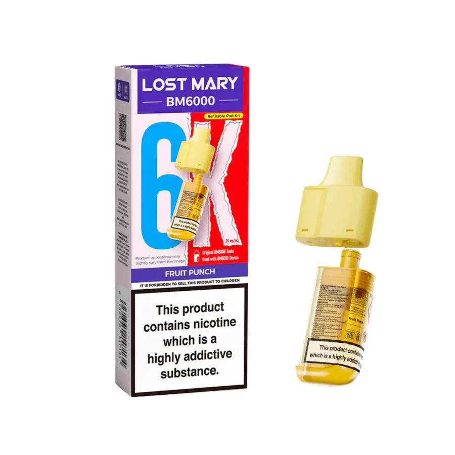 Fruit Punch flavoured Lost Mary BM6000 Refillable Pod in Yellow Colour