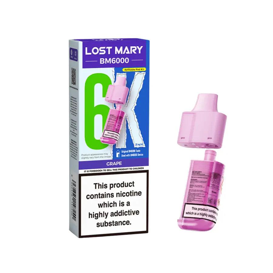 Grape flavoured Lost Mary BM6000 Refillable Pod in Pink Colour