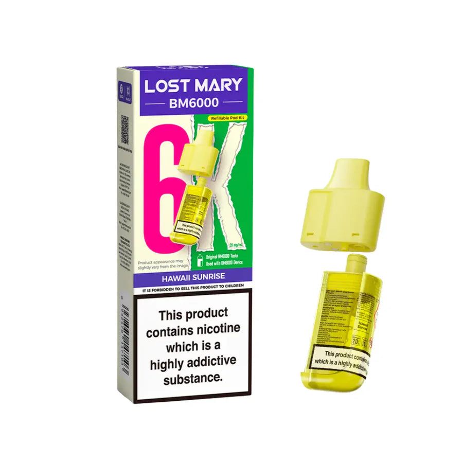 Hawaii Sunrise flavoured Lost Mary BM6000 Refillable Pod in Yellow Colour
