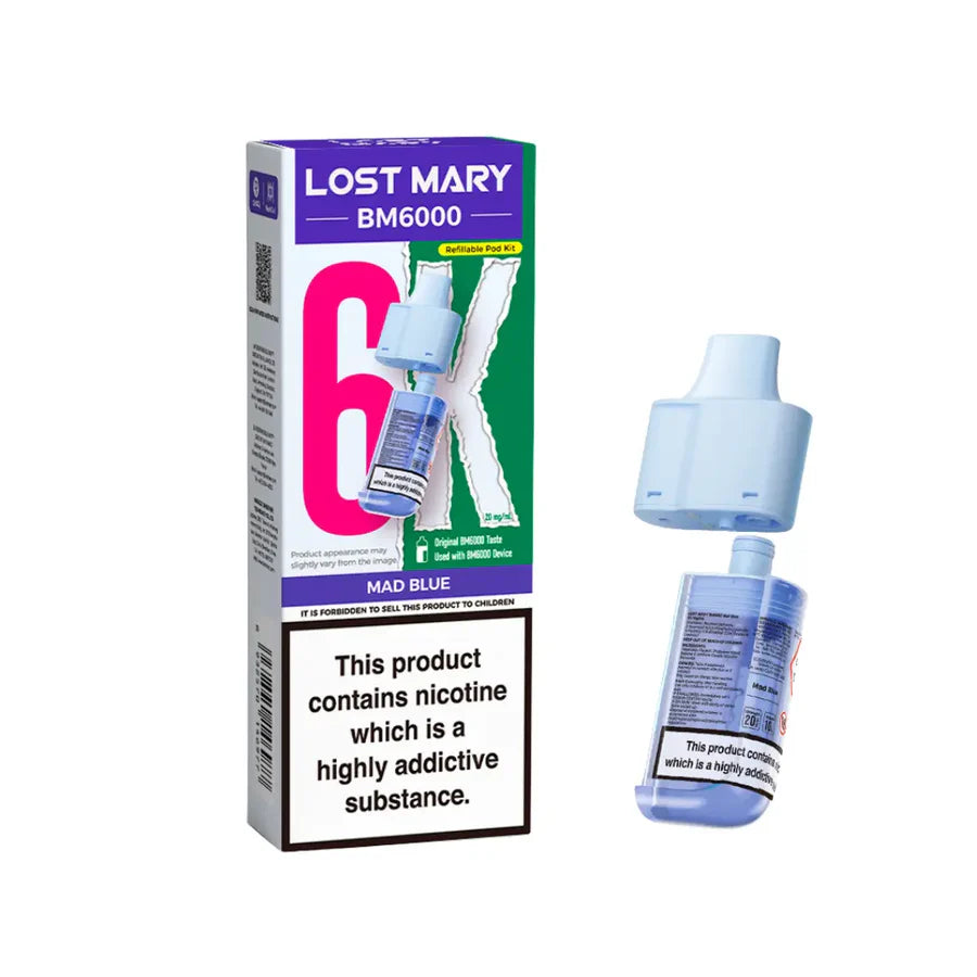 Mad Blue flavoured Lost Mary BM6000 Refillable Pod in Blue Colour