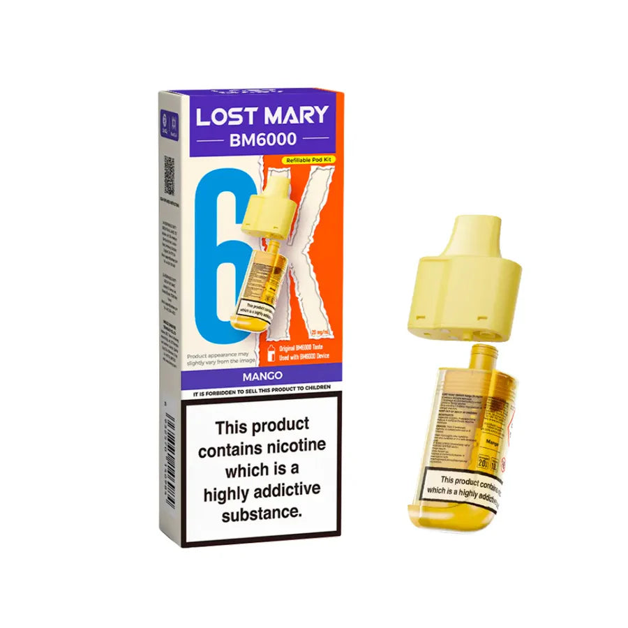 Mango flavoured Lost Mary BM6000 Refillable Pod in Yellow Colour