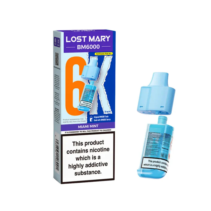 Miami Mint flavoured Lost Mary BM6000 Refillable Pod in Blue Colour