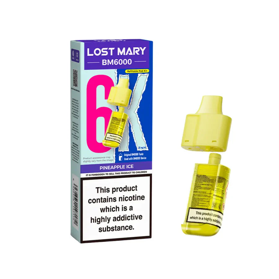 Pineapple Ice flavoured Lost Mary BM6000 Refillable Pod in Yellow Colour
