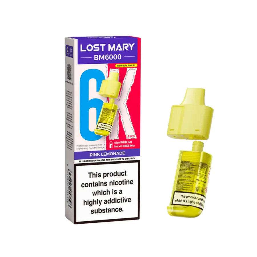 Pink Lemonade flavoured Lost Mary BM6000 Refillable Pod in Yellow Colour