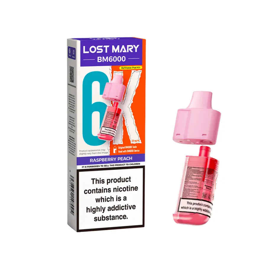 Raspberry Peach flavoured Lost Mary BM6000 Refillable Pod in Pink Colour