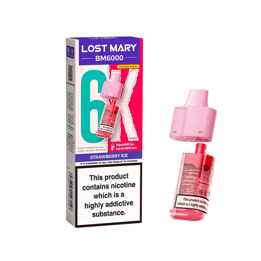 Strawberry Ice flavoured Lost Mary BM6000 Refillable Pod in Pink Colour