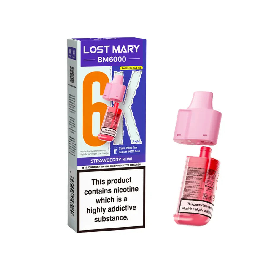 Strawberry Kiwi flavoured Lost Mary BM6000 Refillable Pod in Pink Colour