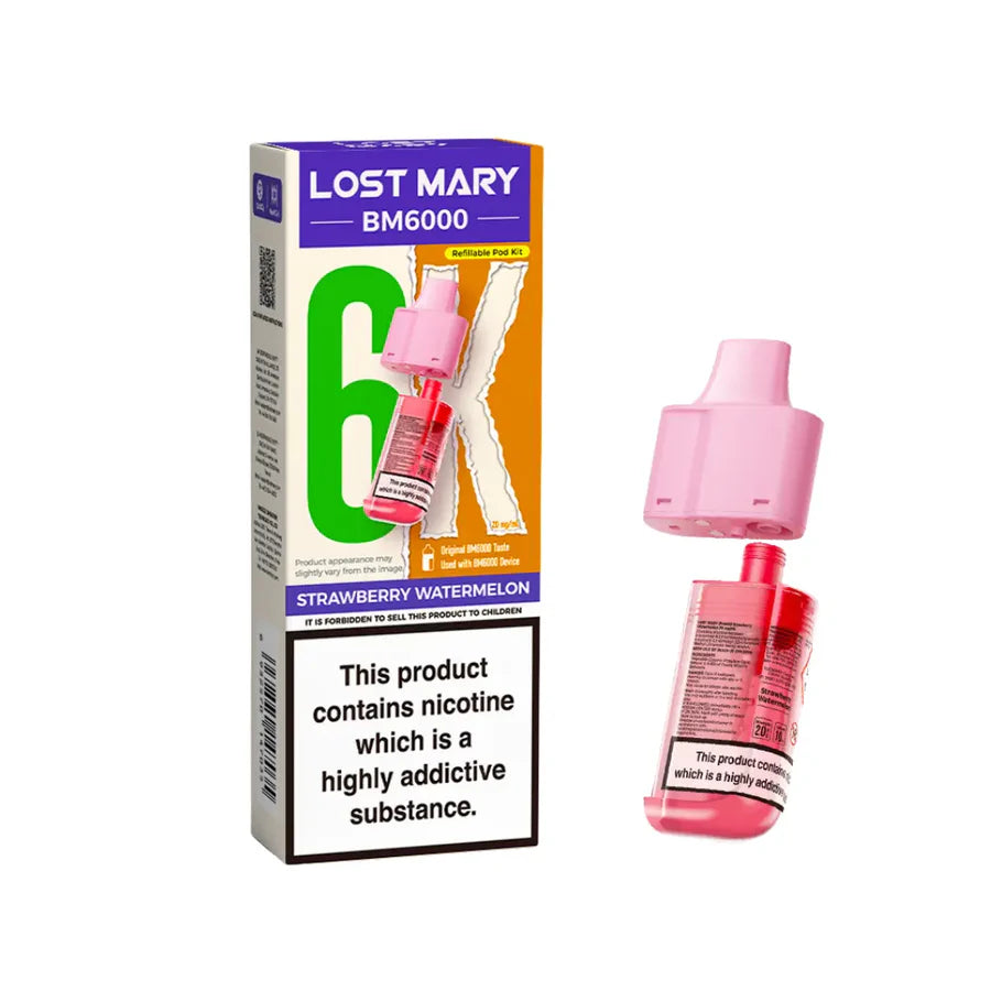 Strawberry Watermelon flavoured Lost Mary BM6000 Refillable Pod in Pink Colour
