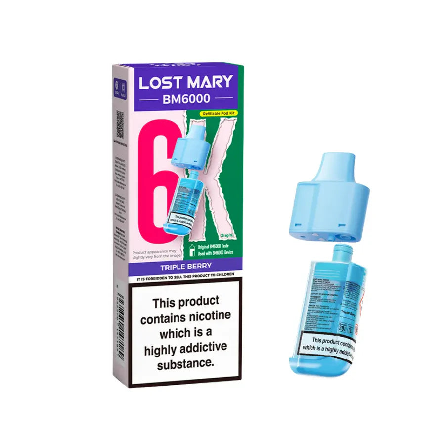 Triple Berry flavoured Lost Mary BM6000 Refillable Pod in Blue Colour