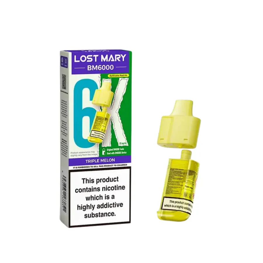 Triple Melon flavoured Lost Mary BM6000 Refillable Pod in Yellow Colour