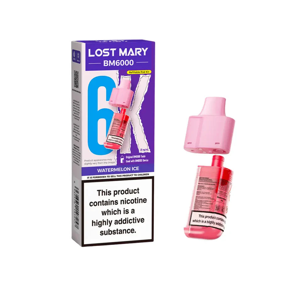 Watermelon Ice flavoured Lost Mary BM6000 Refillable Pod in Pink Colour