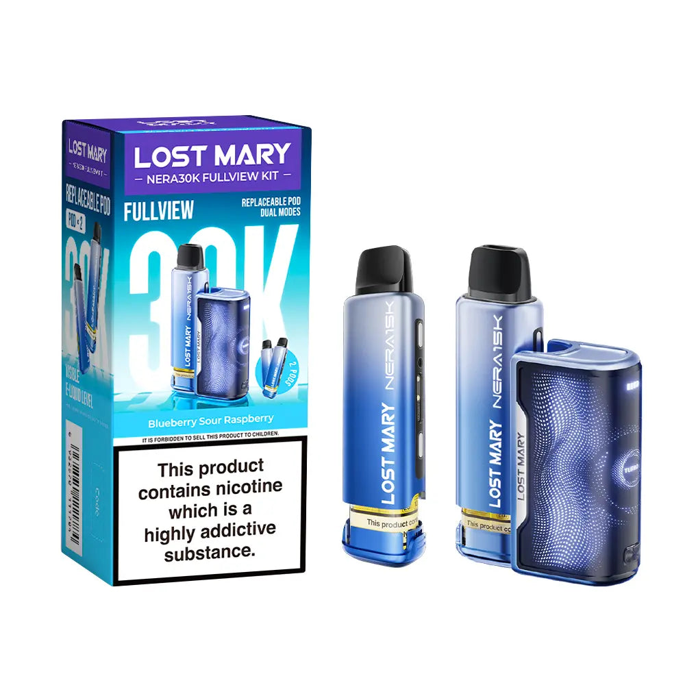 Blueberry Sour Raspberry flavoured Lost Mary Nera 30K Fullview Vape Kit