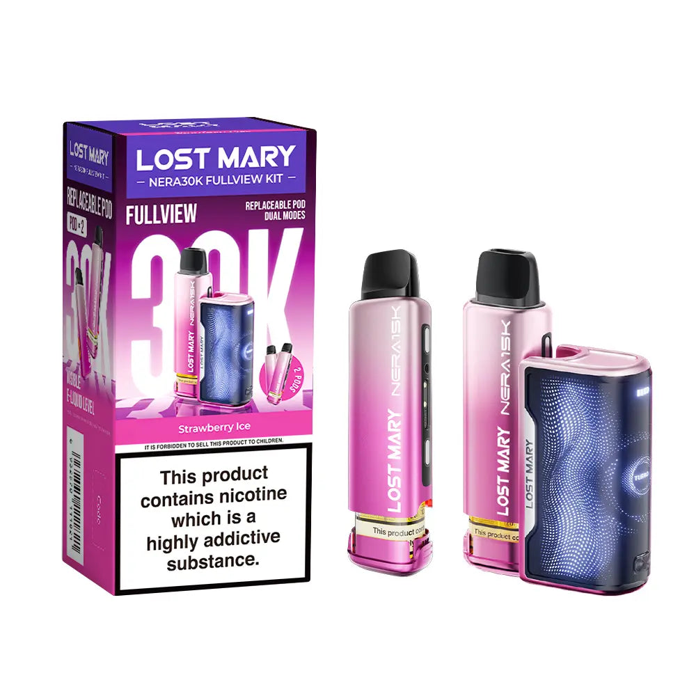 Strawberry Ice flavoured Lost Mary Nera 30K Fullview Vape Kit