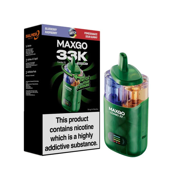 Blue Raspberry / Pomegranate Sour Gummy flavoured Maxgo 33K Vape Kit in Green Colour