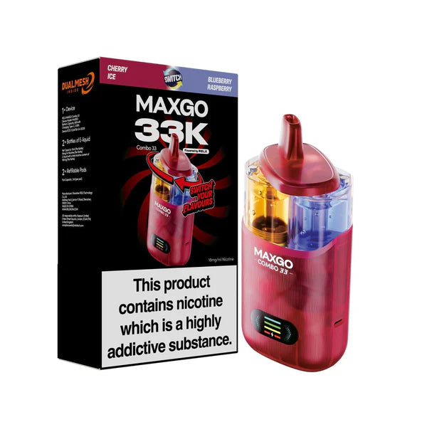 Blueberry Raspberry / Cherry Ice flavoured Maxgo 33K Vape Kit in Red Colour
