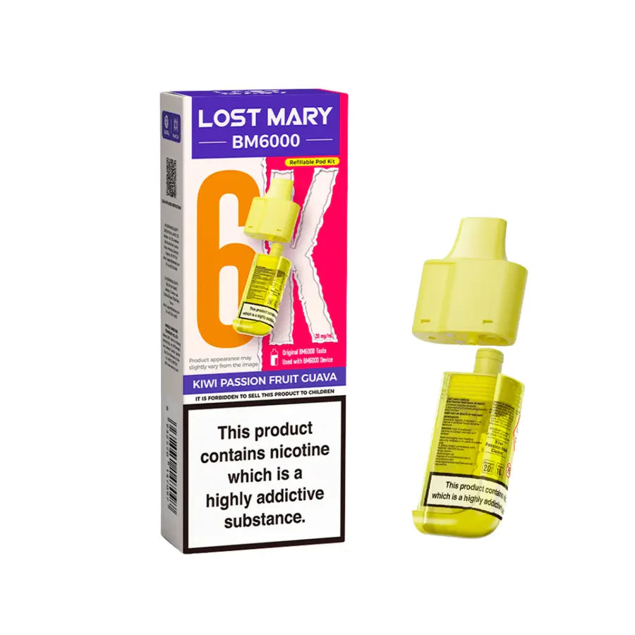 Kiwi Passion Fruit Guava flavoured Lost Mary BM6000 Refillable Pod in Yellow Colour