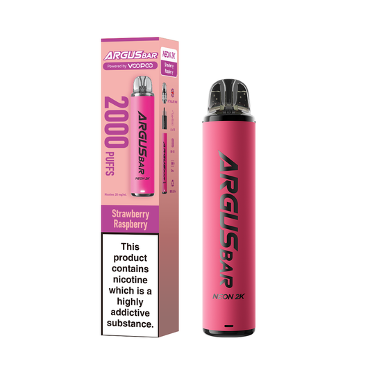 Strawberry Raspberry flavour VooPoo Argus Bar Neon 2K in Pink colour